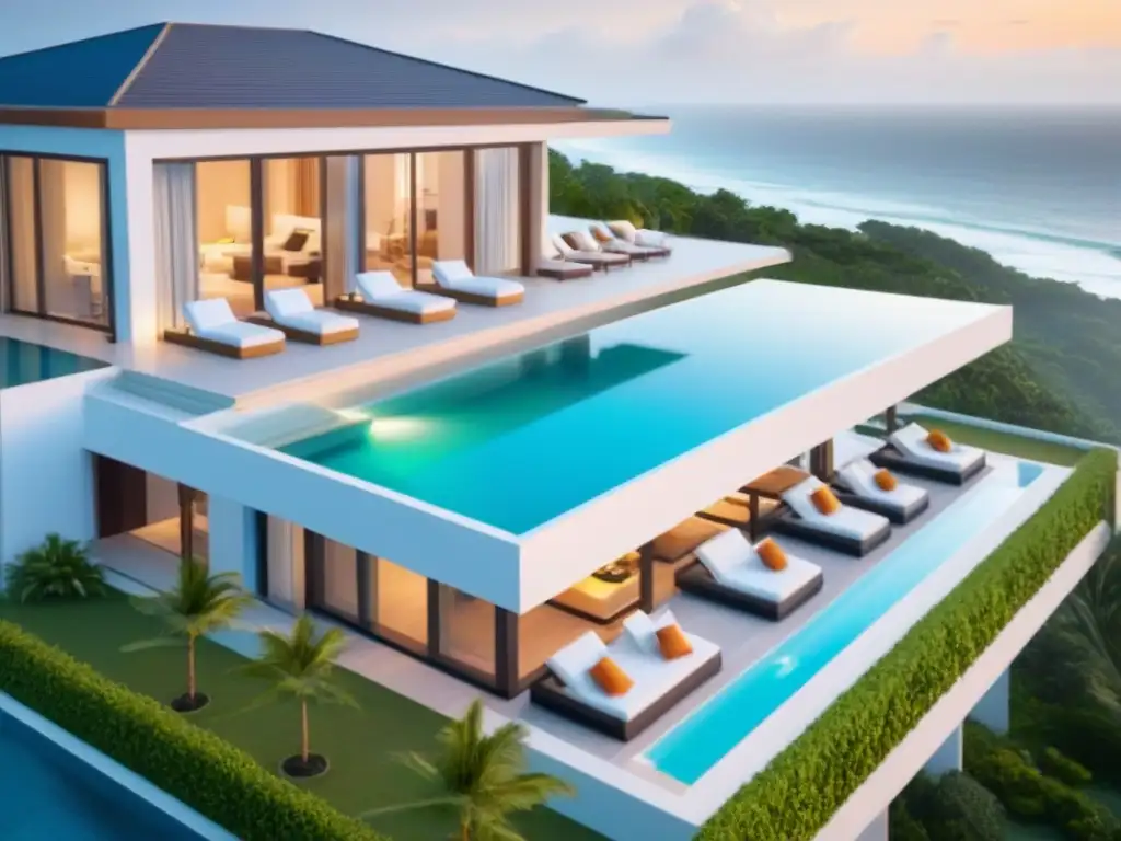 Inversores y constructores creando villas de lujo junto al mar Construcción de lujosas villas vacacionales frente al mar, destacando diseño moderno y precisión en detalles