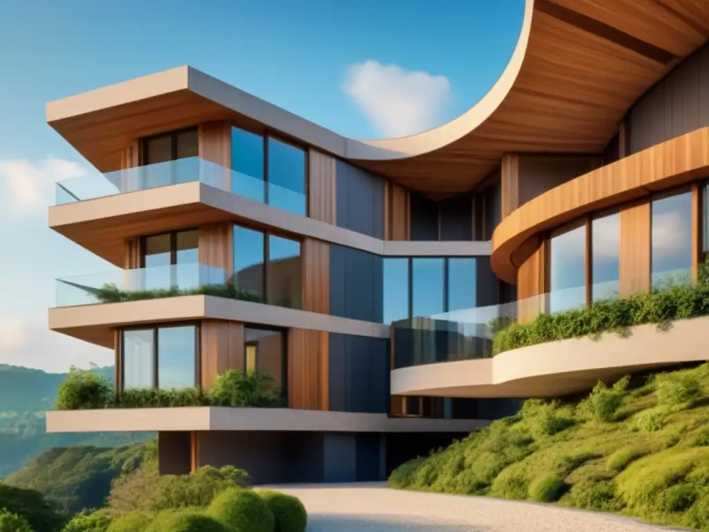 Edificio eco-sostenible: armonía natural y elegancia arquitectónica Construcción con materiales naturales reduce costos: edificio moderno de madera, arcilla y piedra entre exuberante vegetación