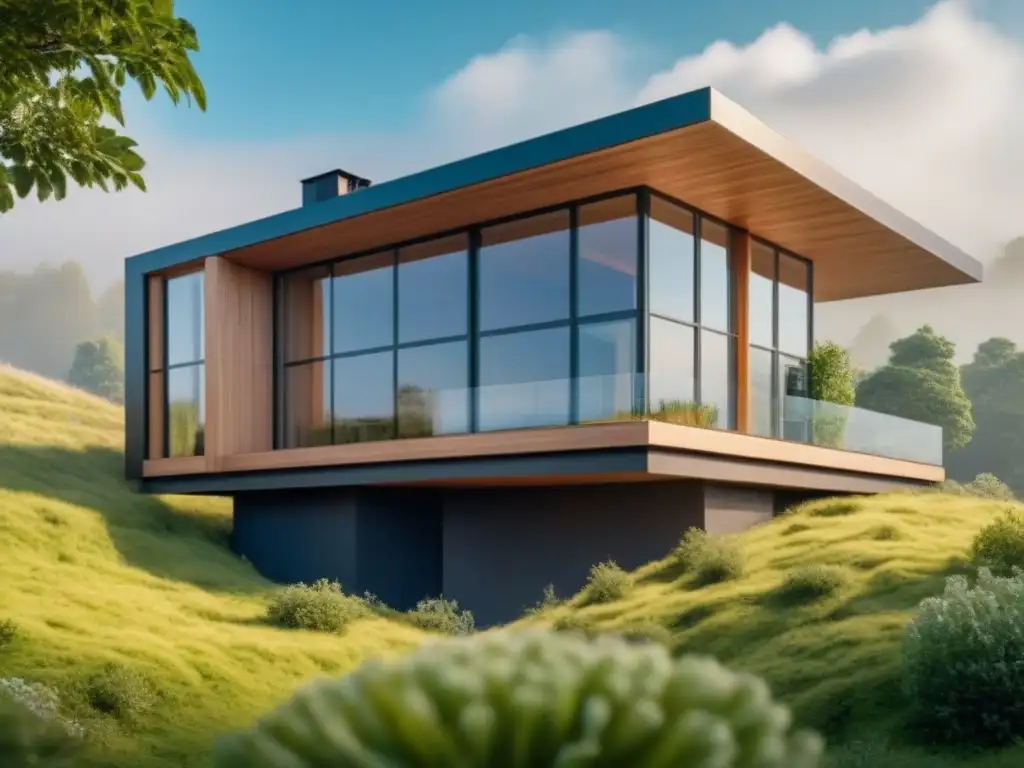 Edificio ecológico y moderno en armonía con la naturaleza Construcción con materiales naturales internacionales: Edificio ecológico moderno integrado en paisaje verde