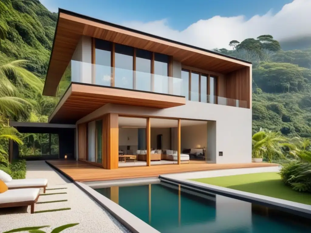 Casa ecológica: diseño contemporáneo en armonía con la naturaleza Construcción con materiales naturales internacionales: Casa ecológica moderna rodeada de vegetación exuberante y detalles naturales