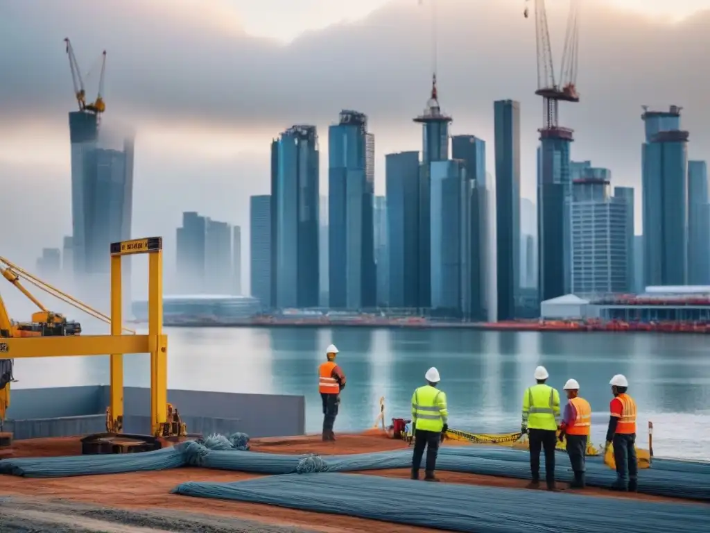 Sitio de construcción moderno: cumplimiento de normas de seguridad global Construcción moderna con normativas de seguridad, obreros y grúas en una ciudad vibrante