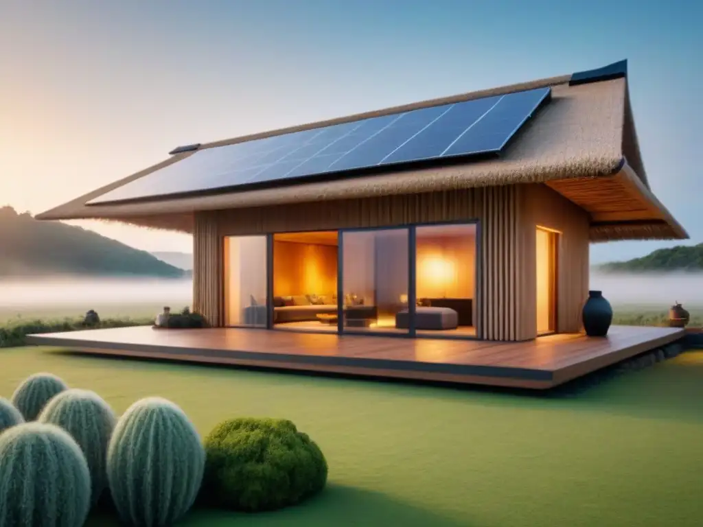 Edificio ecológico futurista de materiales antiguos al atardecer Una construcción sustentable con materiales antiguos fusiona tradición y modernidad al atardecer