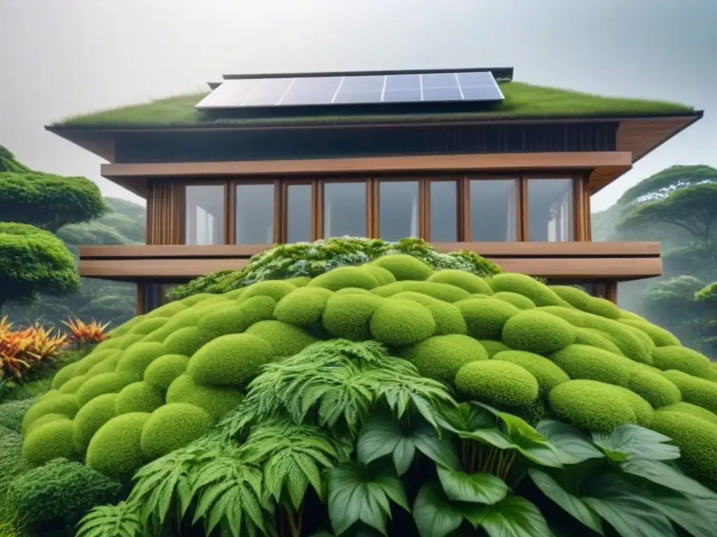 Edificio ecológico: fusión perfecta entre lo antiguo y lo moderno Construcción sustentable con materiales antiguos: Edificio ecológico moderno integrando piedra, madera y paja, rodeado de vegetación exuberante