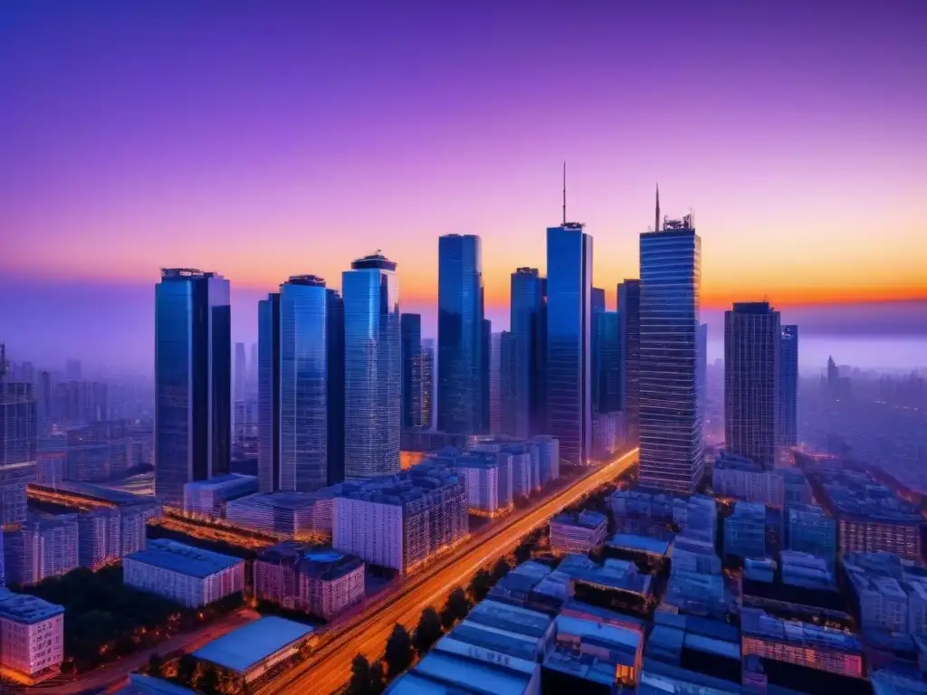 Vibrante metrópolis nocturna: skyline de rascacielos en 8k Consultoría evaluación riesgos mercado inmobiliario en la vibrante ciudad al anochecer, con rascacielos iluminados y bulliciosa actividad urbana