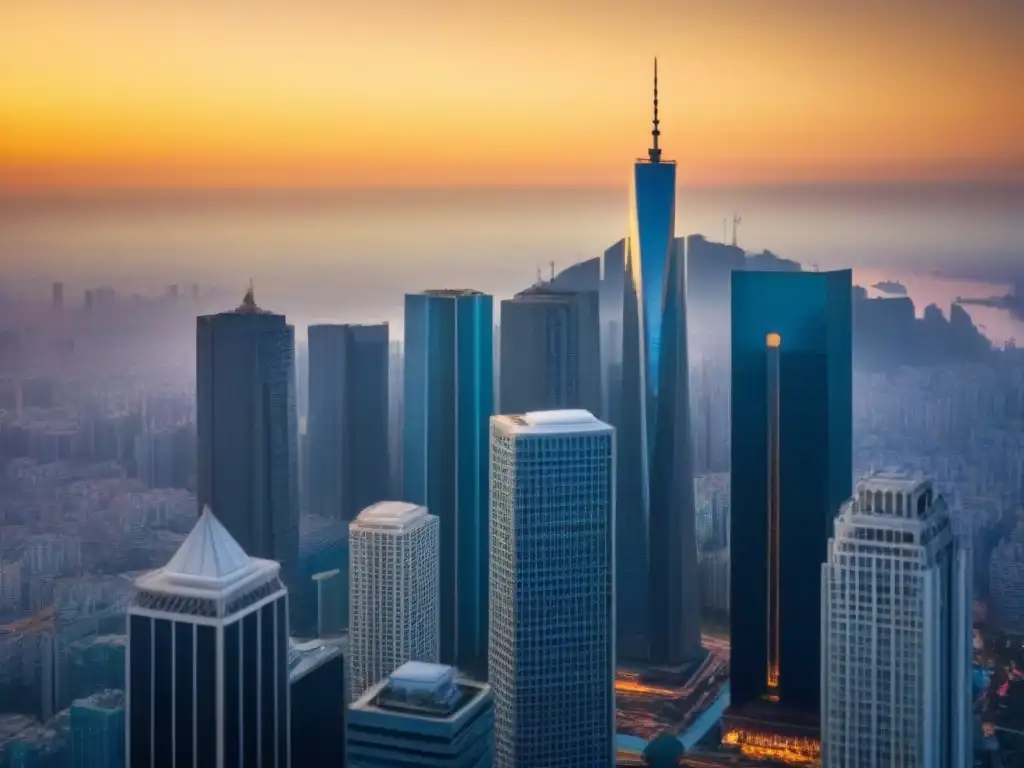 Horizonte urbano vibrante con profesionales en crecimiento Consultoría inversión inmobiliaria mercados emergentes: Profesionales en animada discusión frente a moderno skyline al atardecer