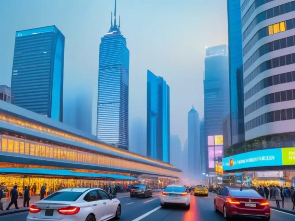 Horizonte urbano vibrante al anochecer en mercado emergente Consultoría inversión inmobiliaria mercados emergentes: Impactante ciudad moderna al atardecer, con rascacielos iluminados y calles llenas de vida