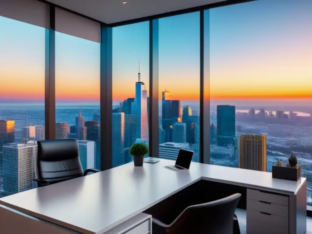 Contraste urbano: ciudad vibrante vs Contraste entre la ciudad moderna y la oficina elegante, reflejando las Mejores estrategias Facebook Ads inmobiliario