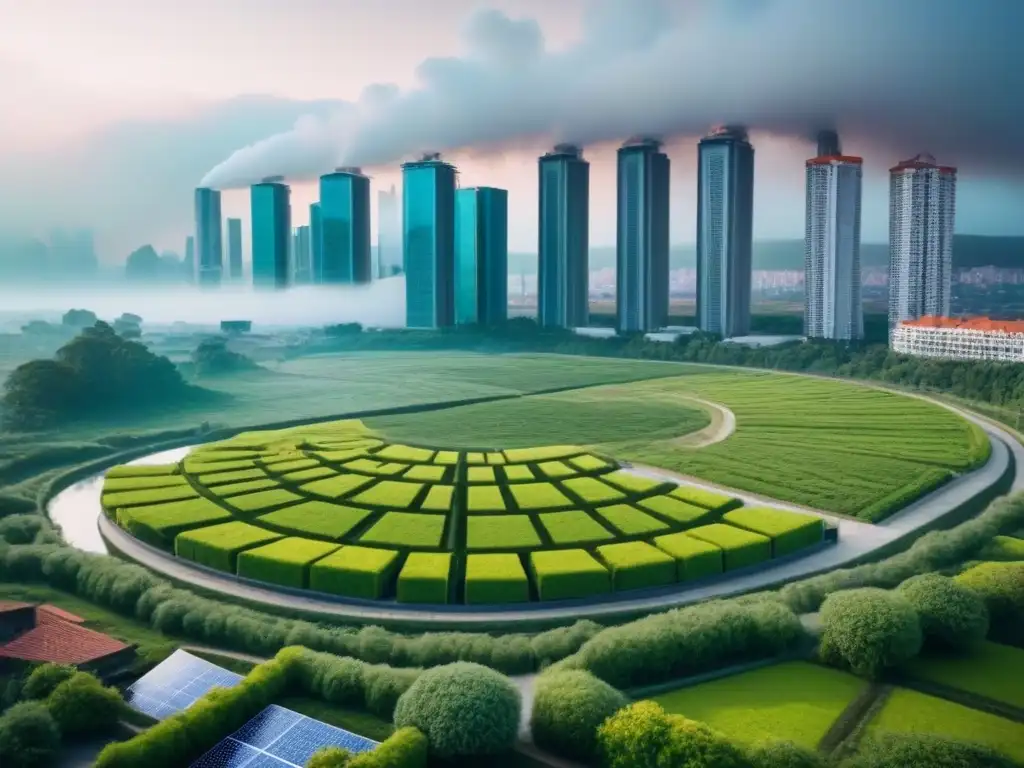 Contraste urbano: ecoedificios vs Contraste entre ecoedificios y contaminación en ciudad, reflejando normativas ambientales inversión inmobiliaria internacional