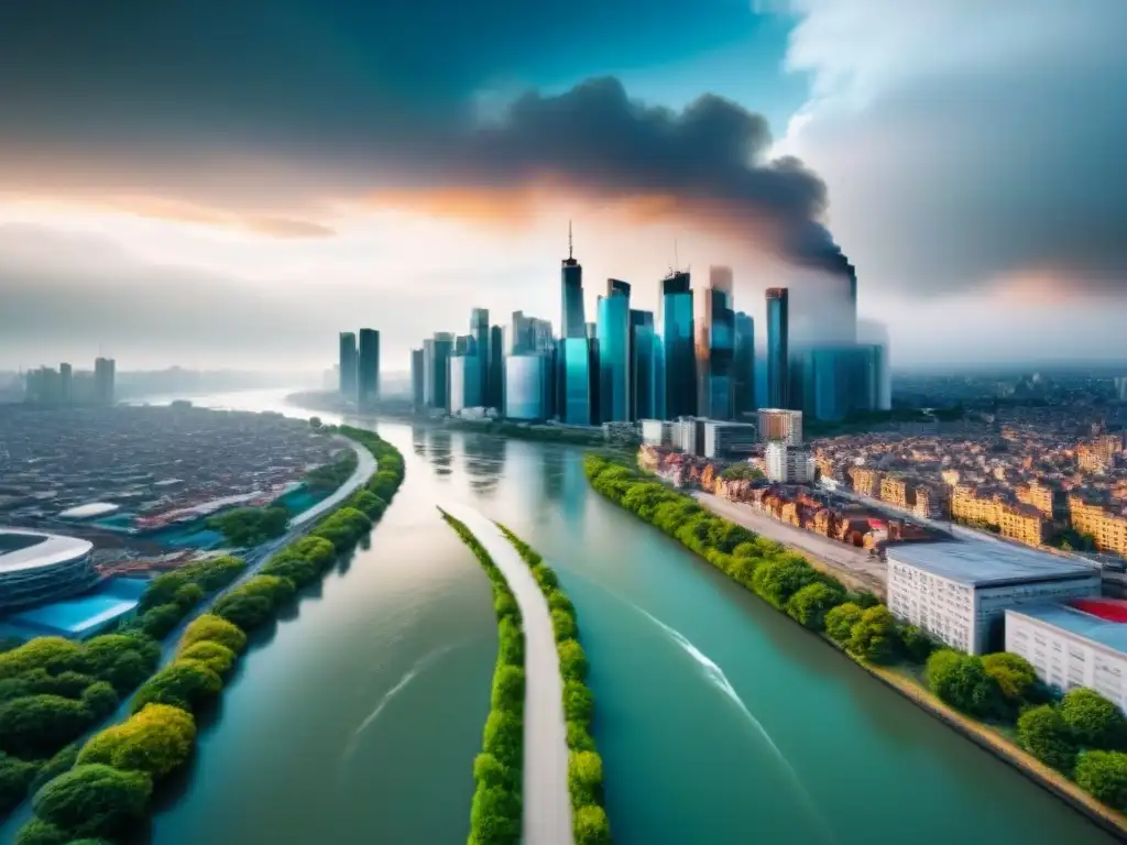 Contraste urbano: lujo vs devastación en inversión inmobiliaria Contraste impactante entre rascacielos modernos y edificios devastados en una ciudad dividida