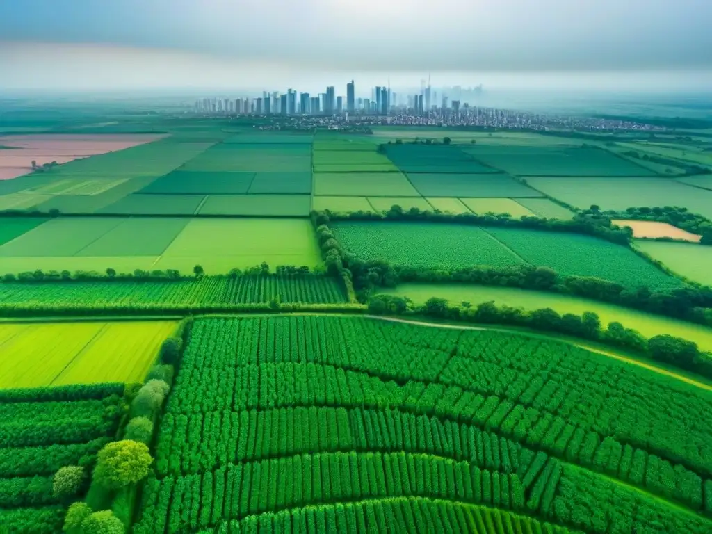 Contraste rural-urbano: tierra fértil vs Contraste entre inversión propiedades comerciales rural vs urbano: paisaje rural sereno y urbano dinámico con rascacielos y campos verdes