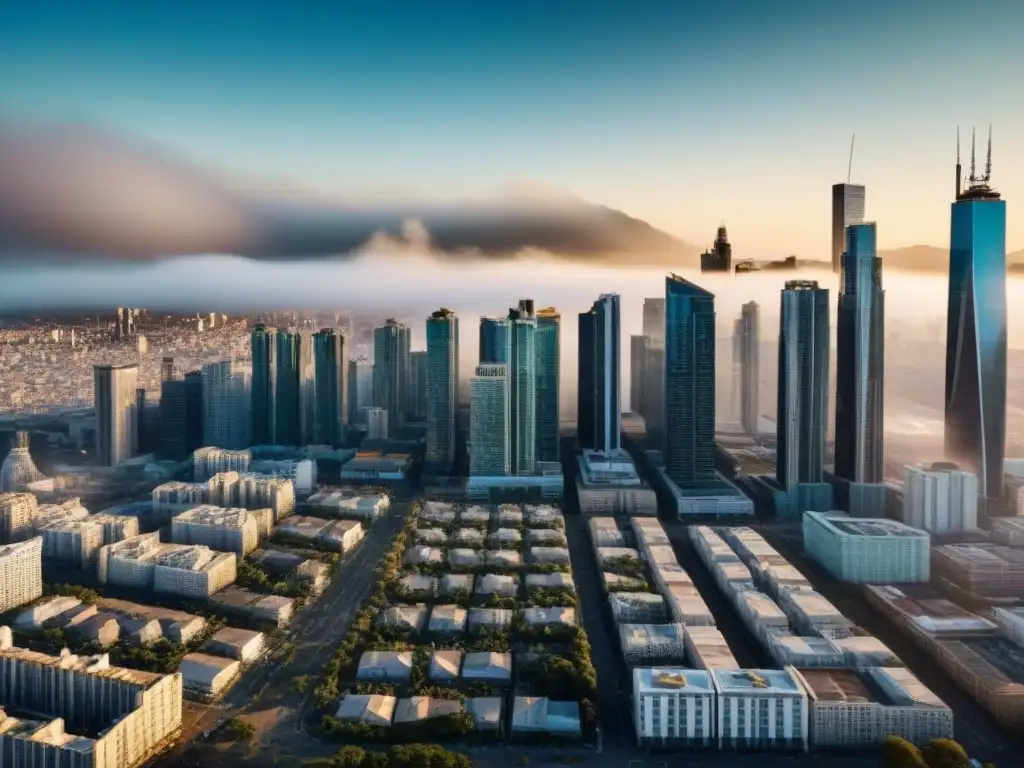 Contraste urbano: Evolución y desafíos en economías en transición Contraste entre nuevos rascacielos y edificios deteriorados, simbolizando éxito y fracaso en el mercado inmobiliario en transición