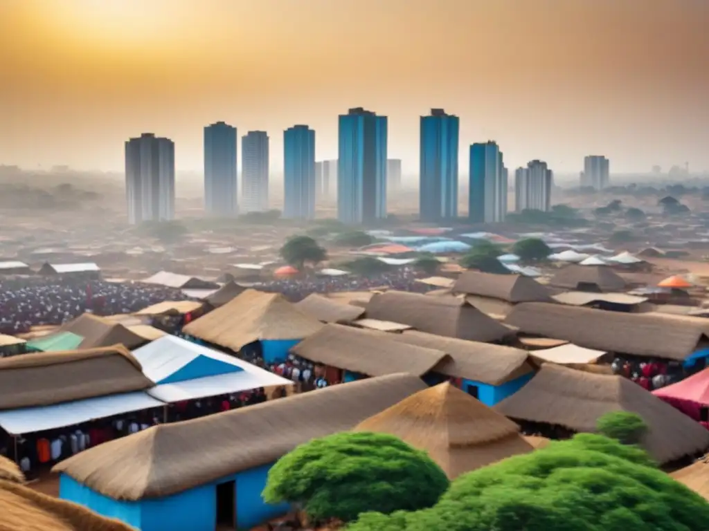 Mercado tradicional y rascacielos: evolución urbana en África Subsahariana Contraste entre tradición y progreso en mercado inmobiliario África, influenciado por políticas gubernamentales