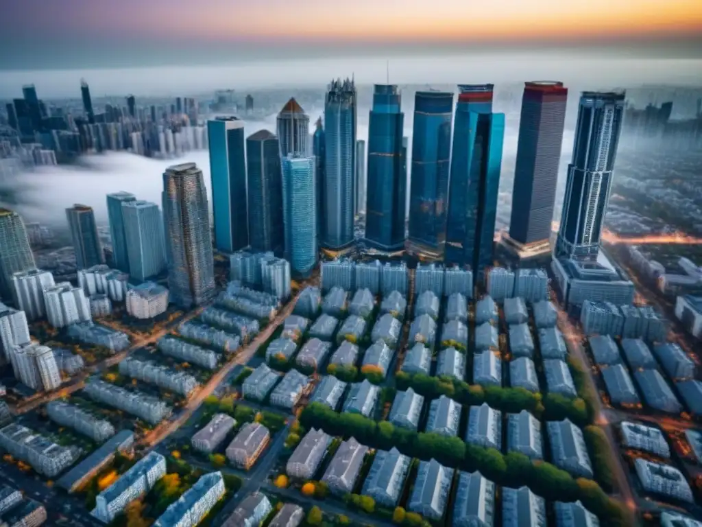 Contrastes urbanos: efectos de la crisis económica en propiedades en venta Contraste entre rascacielos modernos y casas tradicionales en venta, ilustrando el impacto de crisis económicas en el valor de propiedades
