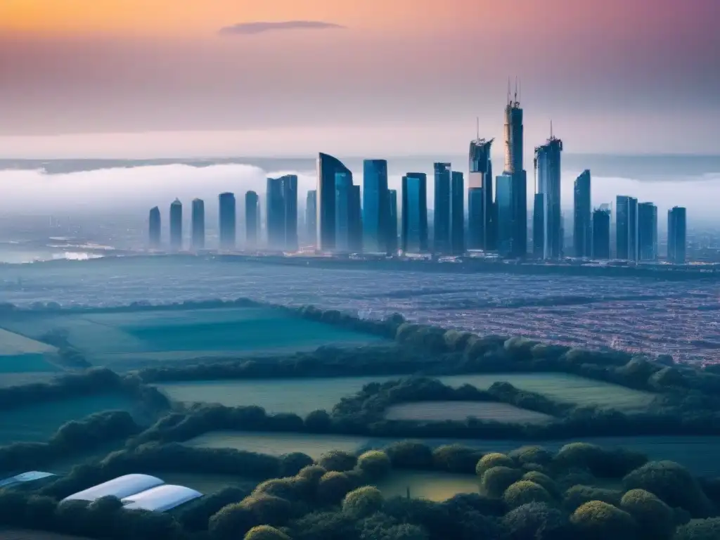 Oportunidades de inversión: ciudad moderna y tierras vírgenes Contraste entre terrenos sin desarrollo y la ciudad moderna, resaltando la rentabilidad comparativa