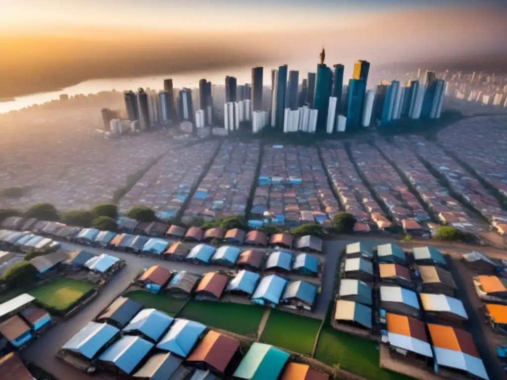 Contrastes urbanos: modernidad y tradición en ciudad emergente al atardecer Contrastes urbanos en mercados emergentes: ciudad con rascacielos y asentamientos informales al atardecer