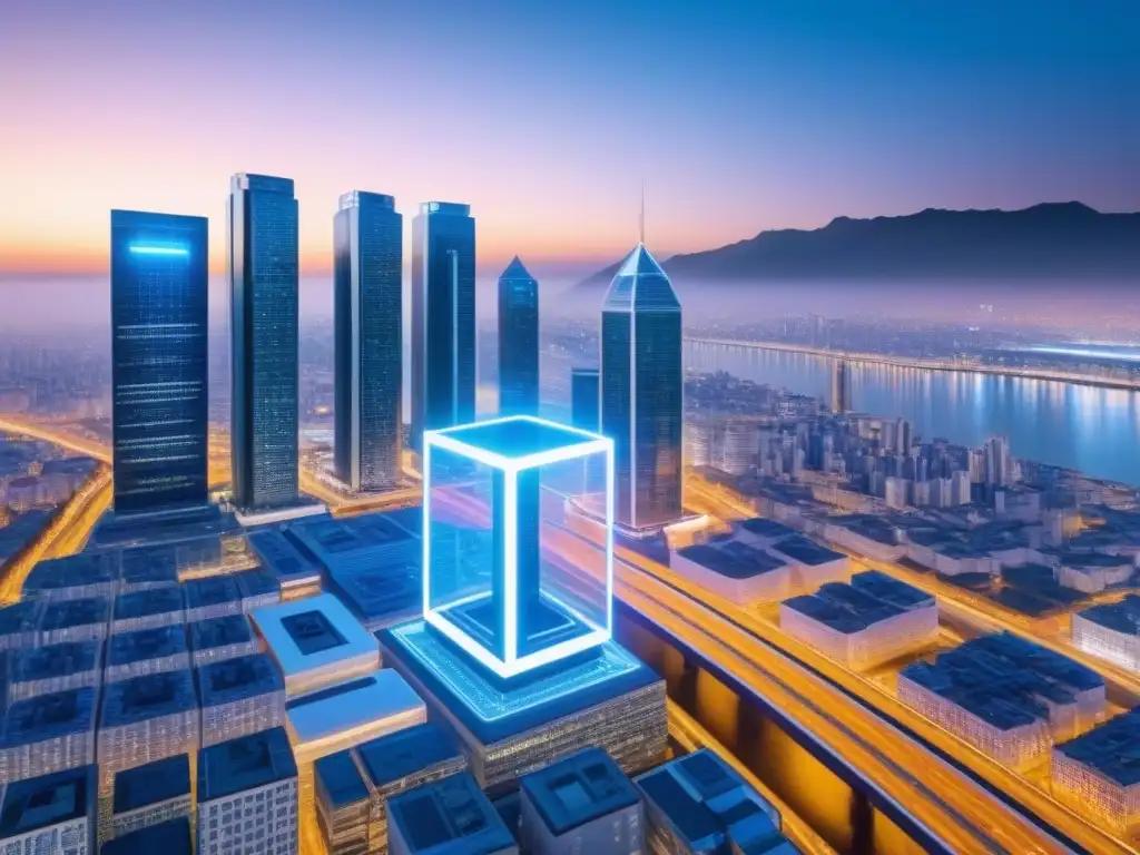 Contrato inteligente blockchain en ciudad futurista Contratos inteligentes en inversión inmobiliaria: Futurista intercambio entre rascacielos en la ciudad