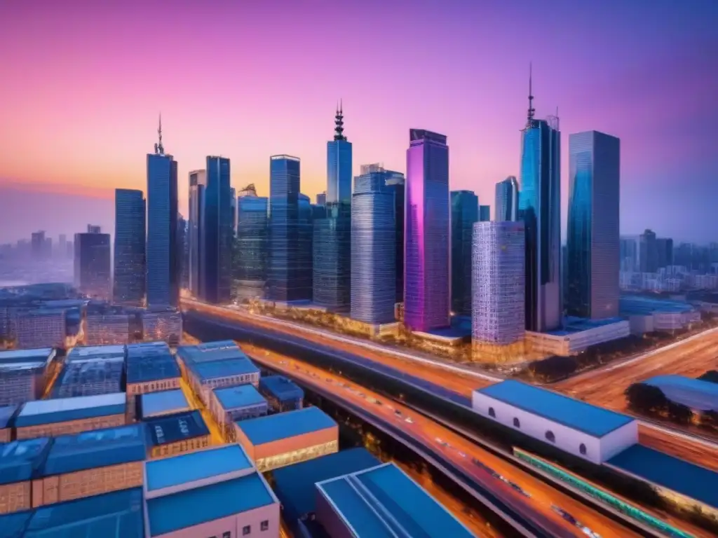 Horizonte urbano moderno al anochecer: dinamismo y colorido El corazón de la ciudad moderna se ilumina al atardecer, reflejando el impacto de fluctuaciones económicas en el mercado inmobiliario