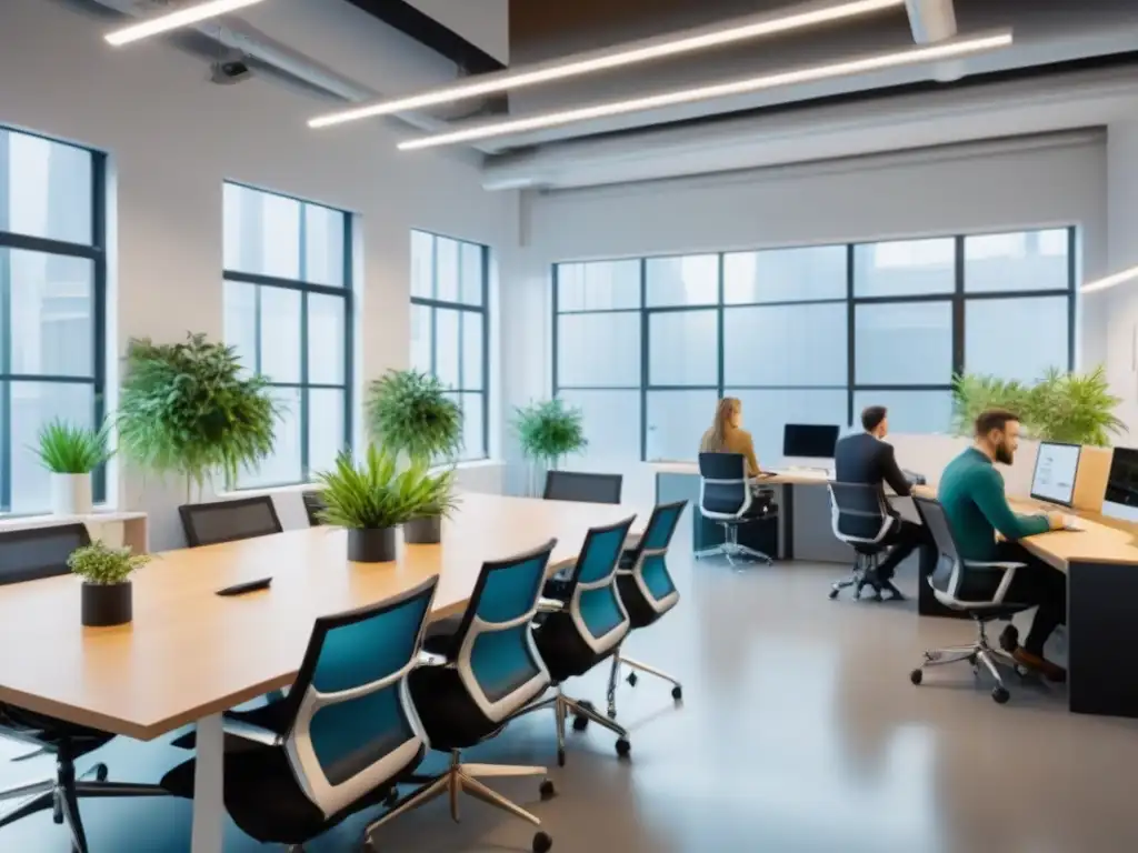 Espacio coworking moderno y vibrante para profesionales diversos Coworking vibrante con diseño contemporáneo, profesionales colaborando en espacio lleno de luz natural