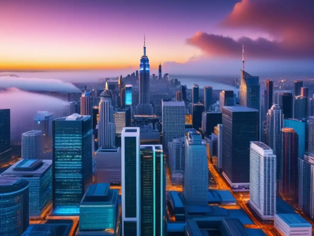 Skyline futurista con blockchain: Revolución en bienes raíces Criptomonedas en mercado inmobiliario internacional: Ciudad futurista de rascacielos interconectados por cadenas de blockchain brillantes