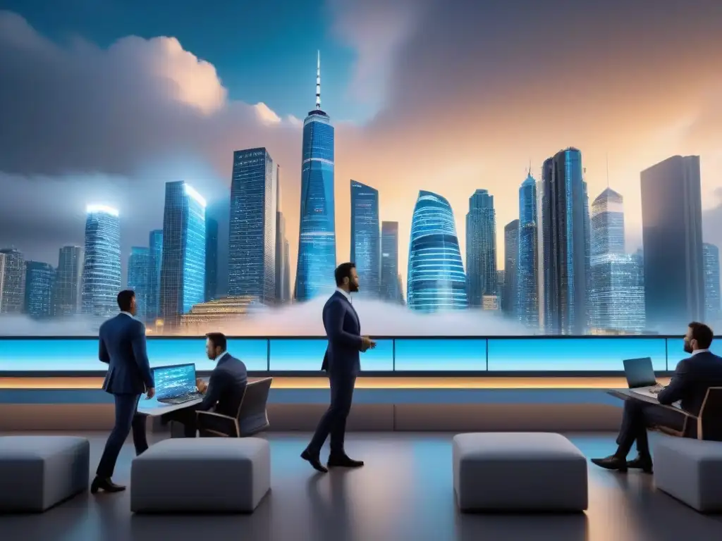 Metrópolis futurista: crisis inminente y estrategias globales Prepararse para crisis mercado inmobiliario: Ciudad futurista de noche, rascacielos iluminados y profesionales en distrito financiero