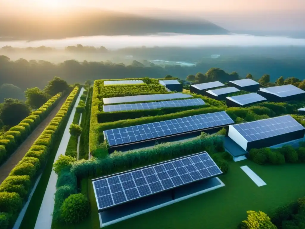 Desarrollo inmobiliario sostenible: armonía urbana y natural Invertir en crowdfunding inmobiliario sostenible: Un desarrollo inmobiliario sostenible con edificios modernos, techos verdes y paneles solares