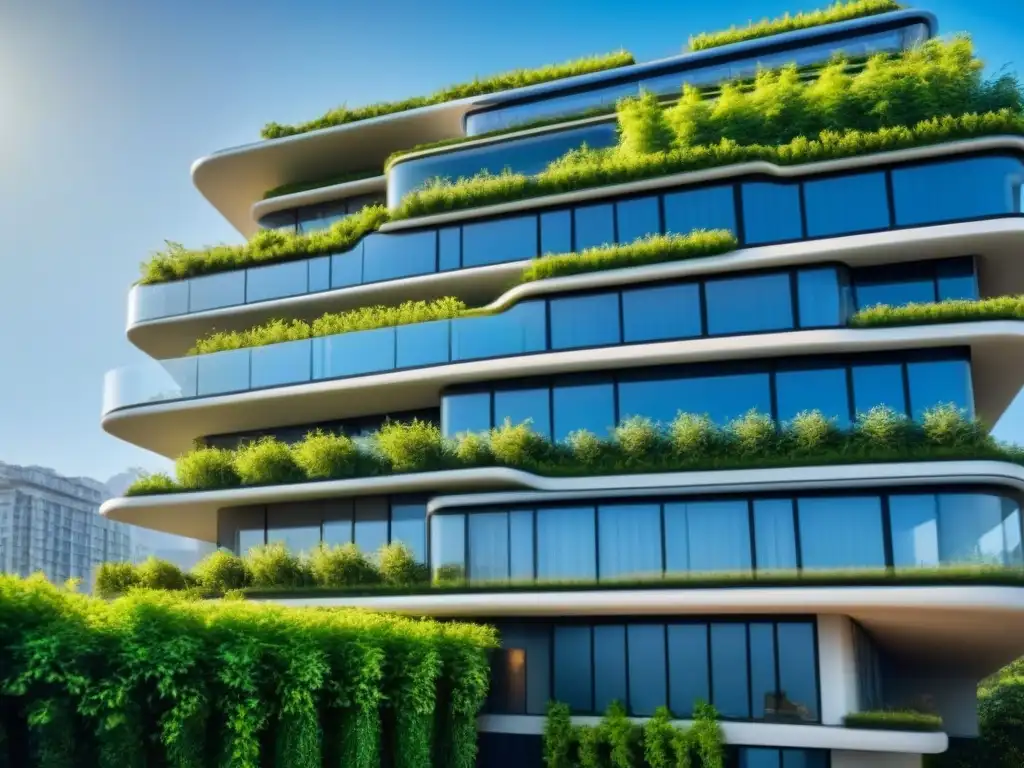 Edificio sostenible futurista: diseño innovador y eficiencia energética Invierte en crowdfunding inmobiliario sostenible: edificio futurista con paneles solares y jardines verticales, rodeado de naturaleza y cielo azul