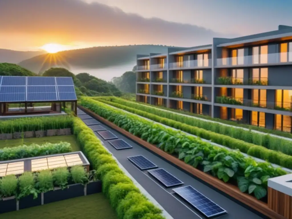 Inversión Sostenible: Proyecto Inmobiliario Ecoamigable al Atardecer Invertir en crowdfunding inmobiliario sostenible: Proyecto inmobiliario ecoamigable al atardecer con edificios verdes y paneles solares