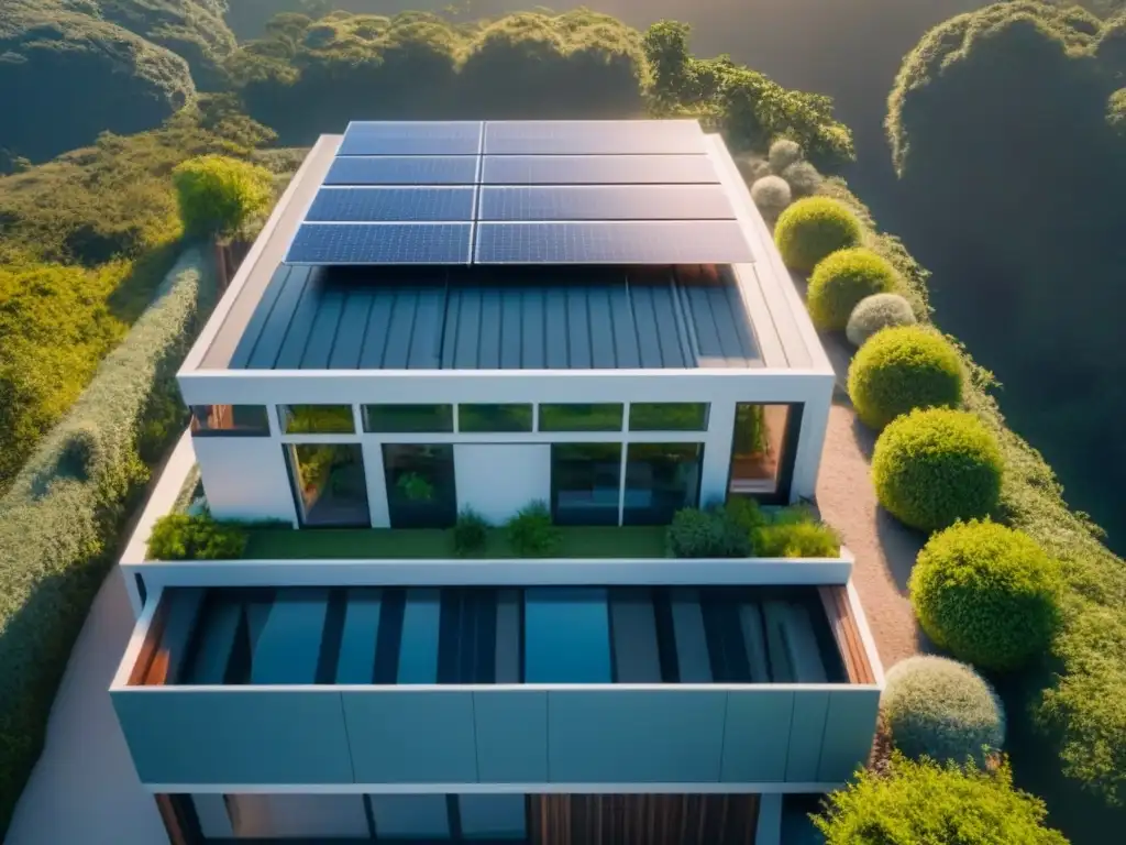 Proyecto inmobiliario sostenible: innovación eco-amigable Invertir en crowdfunding inmobiliario sostenible: Un proyecto ecofriendly con moderna arquitectura rodeada de naturaleza y paneles solares brillando bajo el sol