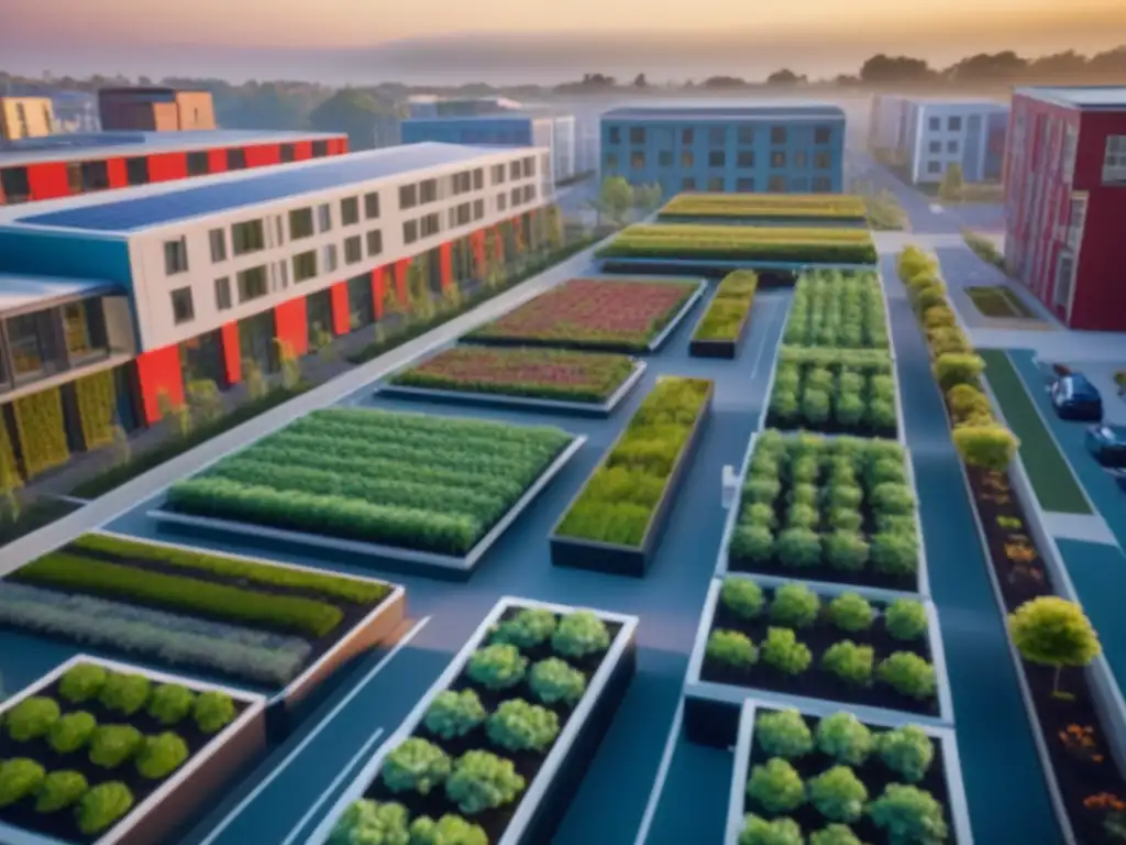 Desarrollo urbano sostenible: armonía entre naturaleza y modernidad Invertir en crowdfunding inmobiliario sostenible: Vista aérea de desarrollo urbano ecofriendly con jardín comunitario y paneles solares al atardecer