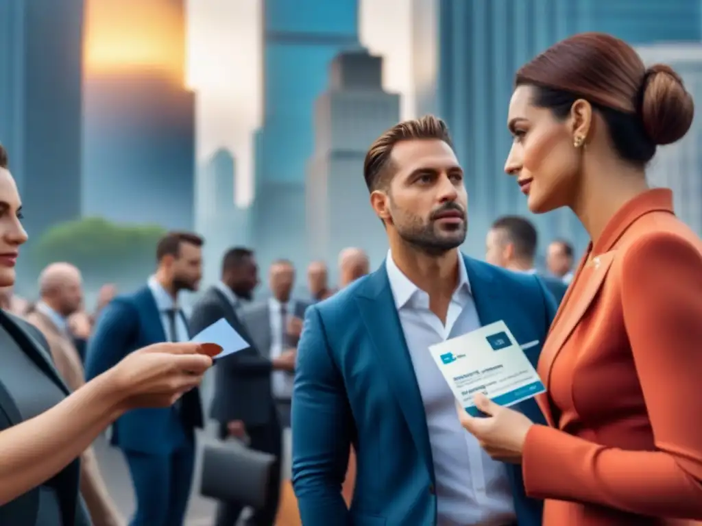 Cumbre inmobiliaria internacional: networking y negocios globales Una cumbre inmobiliaria internacional vibrante con profesionales diversos intercambiando ideas y tarjetas de negocio, rodeados de rascacielos modernos