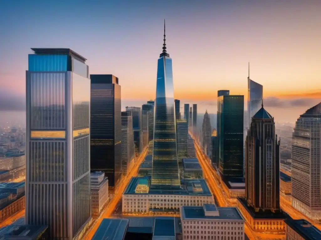 Horizonte urbano: fusión de tradición e innovación en distrito financiero Derechos de propiedad en inversiones: Vista aérea de distrito financiero con rascacielos modernos y edificios históricos en ciudad internacional