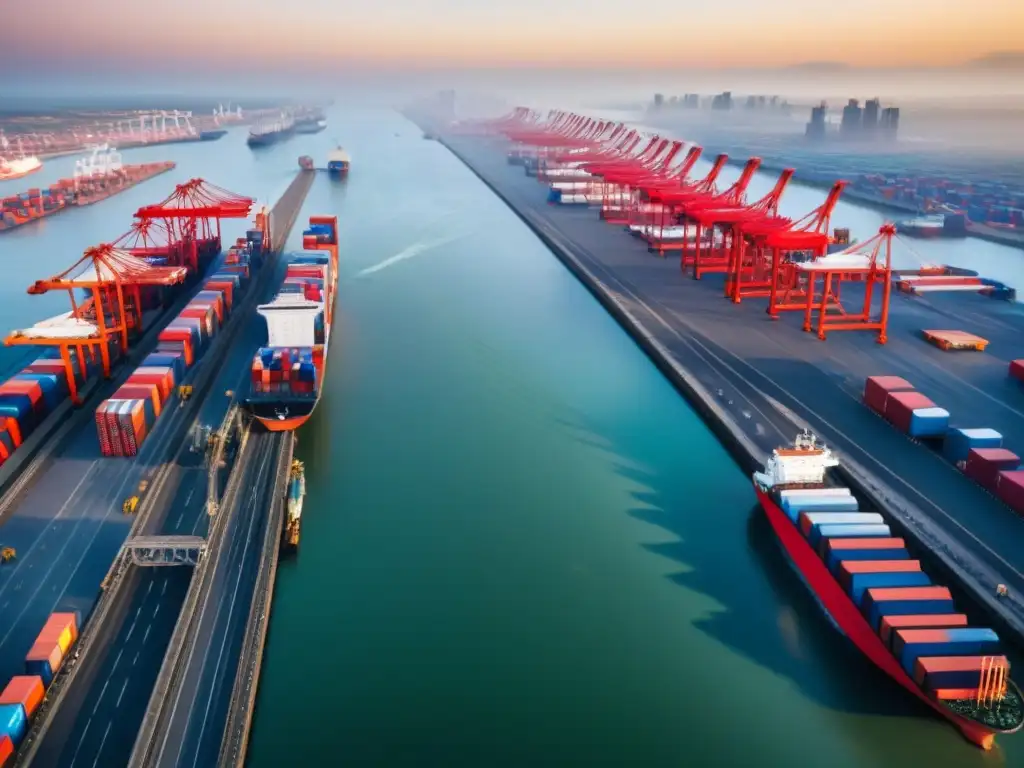 Puerto activo: Comercio y logística en África Subsahariana Desafíos logísticos e inversión inmobiliaria en África: puerto bullicioso con contenedores y grúas en una gran ciudad africana