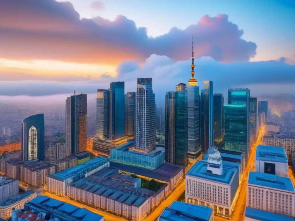 Panorama urbano de rascacielos y edificios comerciales internacionales Desafíos en la gestión de propiedades comerciales internacionales en un vibrante paisaje urbano de rascacielos y edificios comerciales