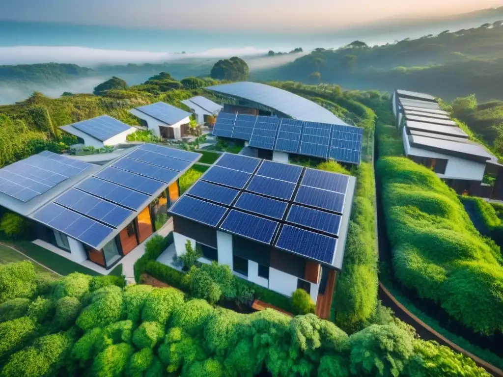 Desarrollo sostenible: armonía entre naturaleza y modernidad Un desarrollo habitacional sostenible rodeado de vegetación, con arquitectura ecofriendly y residentes disfrutando de actividades al aire libre