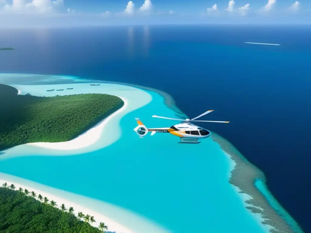 Heliopuerto futurista en isla privada de lujo Desarrollo de helipuertos en islas: Un helipuerto moderno en una isla privada de lujo, rodeado de exuberante vegetación y aguas turquesas