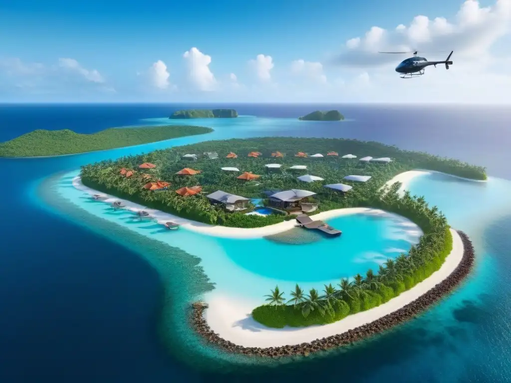 Exclusivo helipuerto en isla de lujo Desarrollo de helipuertos en islas: Vista aérea de isla privada con helipuerto, aguas turquesa y villas lujosas