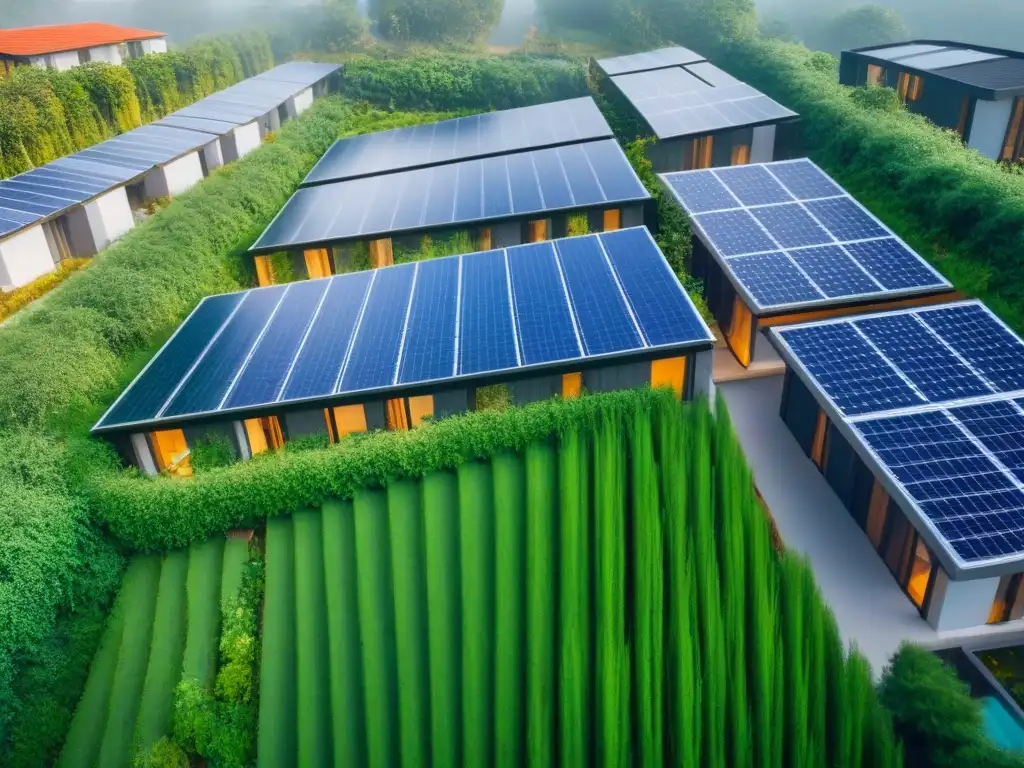 Desarrollo inmobiliario sostenible en armonía con la naturaleza Un desarrollo inmobiliario ecológico internacional integrado con la naturaleza, paneles solares y espacios verdes, en armonía con la comunidad
