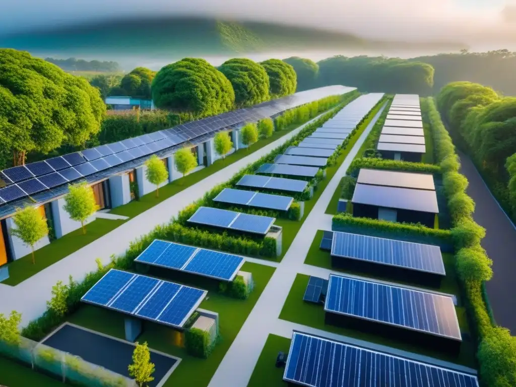 Desarrollo ecoamigable: armonía entre naturaleza y modernidad Desarrollo inmobiliario ecológico internacional: moderna arquitectura sostenible rodeada de naturaleza exuberante y paneles solares en los techos