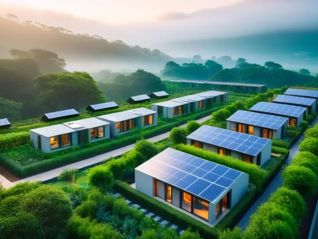 Ecoaldea sostenible: arquitectura innovadora en armonía con la naturaleza Un desarrollo inmobiliario ecológico internacional rodeado de naturaleza exuberante y paneles solares brillantes bajo el sol