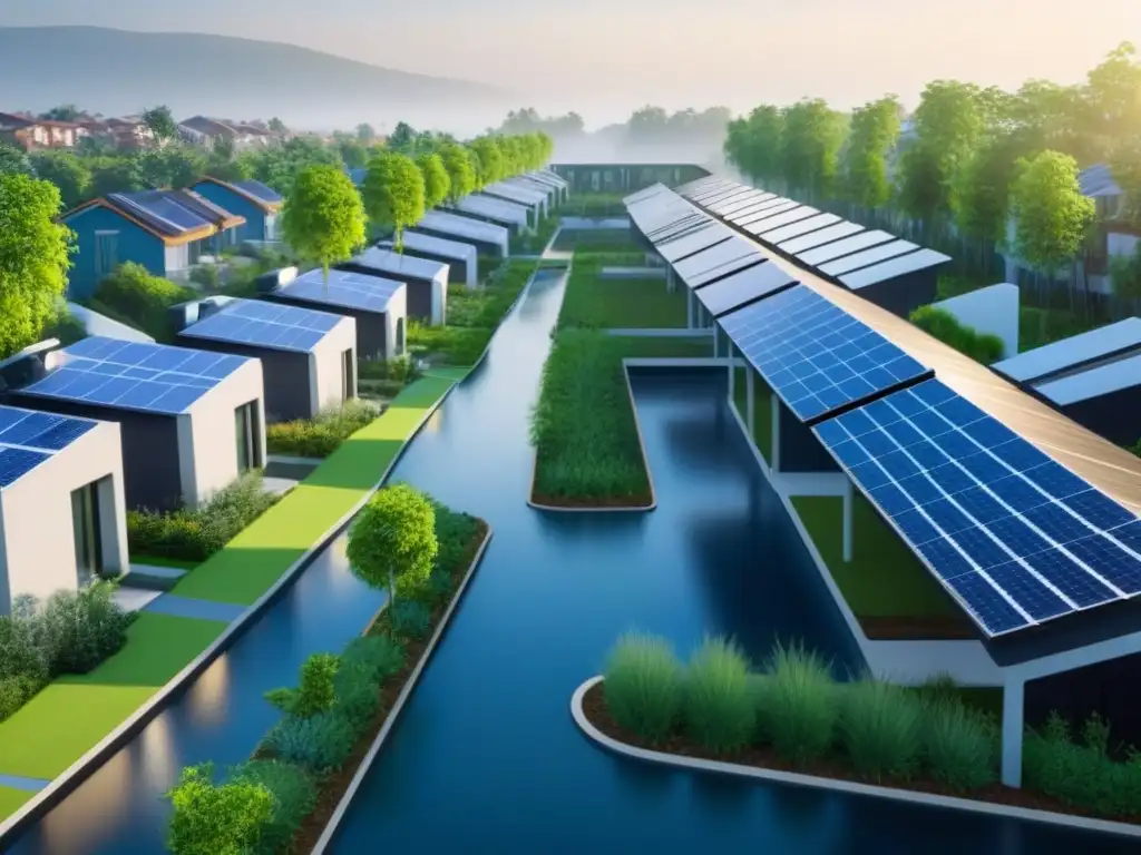 Desarrollo ecoamigable: arquitectura moderna en armonía con la naturaleza Desarrollo inmobiliario ecológico con paneles solares, sistemas de recolección de agua y carriles para bicicletas