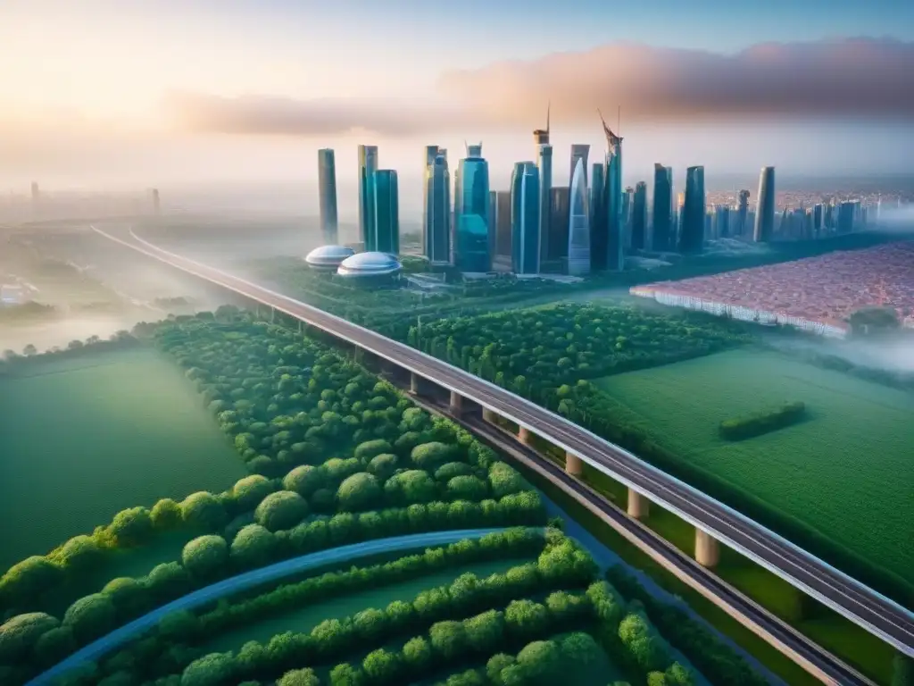 Metrópolis fronteriza: fusión de naturaleza y modernidad Desarrollo inmobiliario fronterizo internacional: Ciudad moderna con rascacielos futuristas y naturaleza exuberante