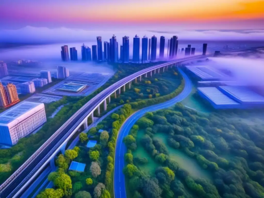 Metrópolis futurista en la frontera al atardecer Desarrollo inmobiliario fronterizo tendencias: Ciudad futurista al atardecer con arquitectura vanguardista y naturaleza exuberante