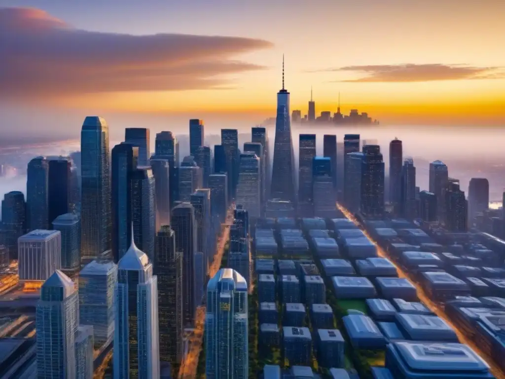 Horizonte futurista: metrópolis dinámica y moderna en América del Norte Desarrollo inmobiliario en Norteamérica: Futurista skyline urbano con rascacielos modernos y avanzada tecnología al atardecer