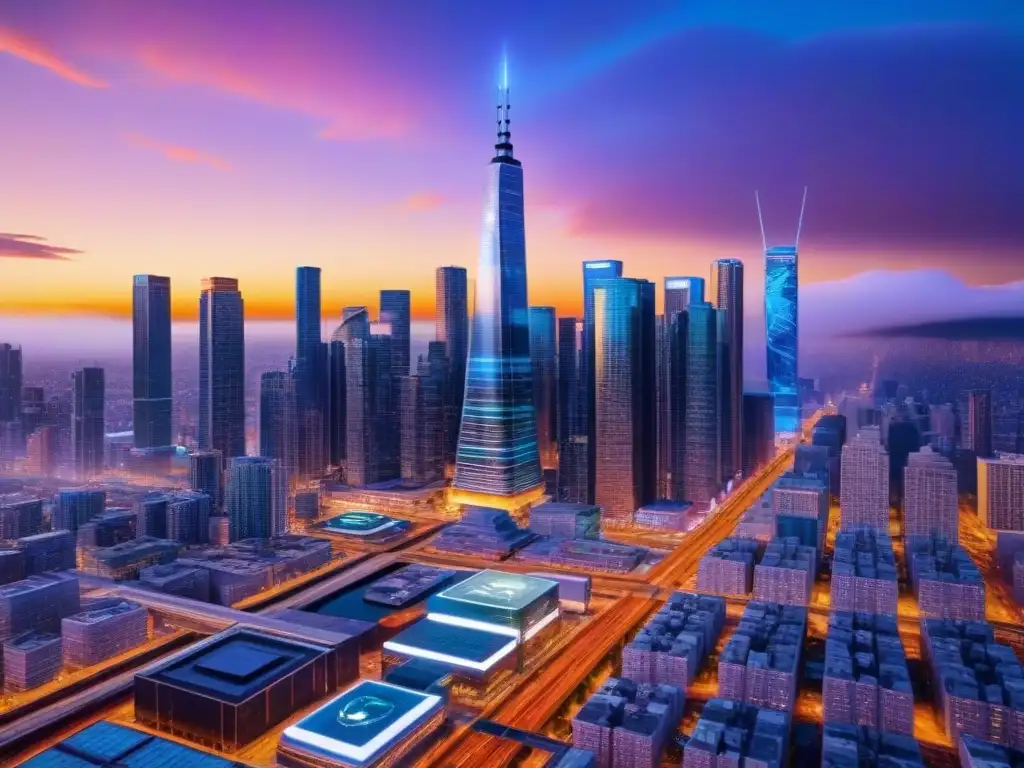 Metrópolis futurista en América del Norte: 8k detallado al atardecer Desarrollo inmobiliario global con 5G: Una metrópolis futurista al atardecer, con rascacielos, vehículos autónomos y señalética digital