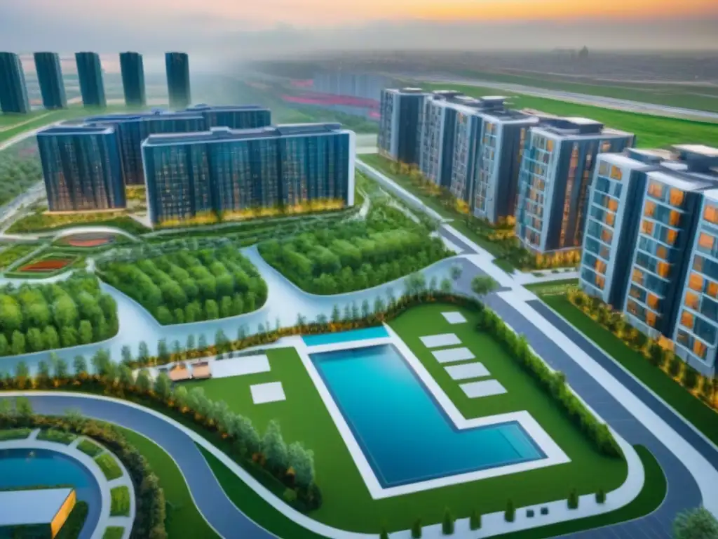 Desarrollo inmobiliario integrado: visión futurista de vida urbana Un desarrollo inmobiliario integrado de vanguardia con arquitectura moderna y espacios verdes