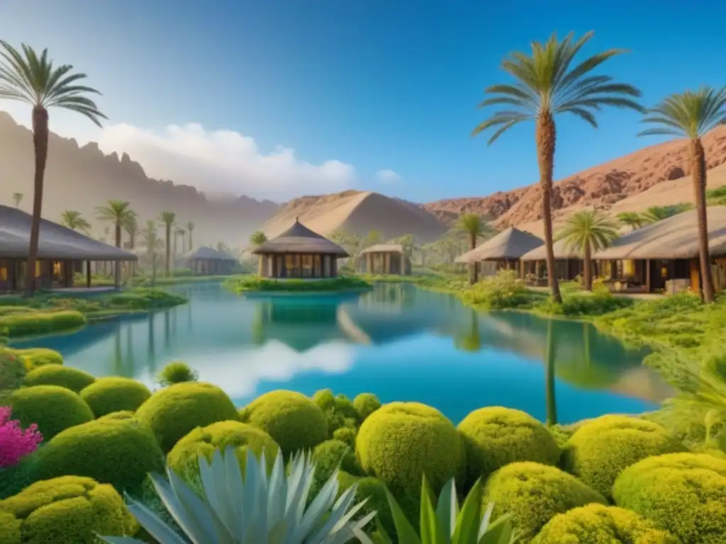 Oasis sostenible: transformación de desierto a paraíso verde en 8k Desarrollo inmobiliario en mercados fronterizos: oasis verde rodeado de arquitectura sostenible en un paisaje desértico transformado