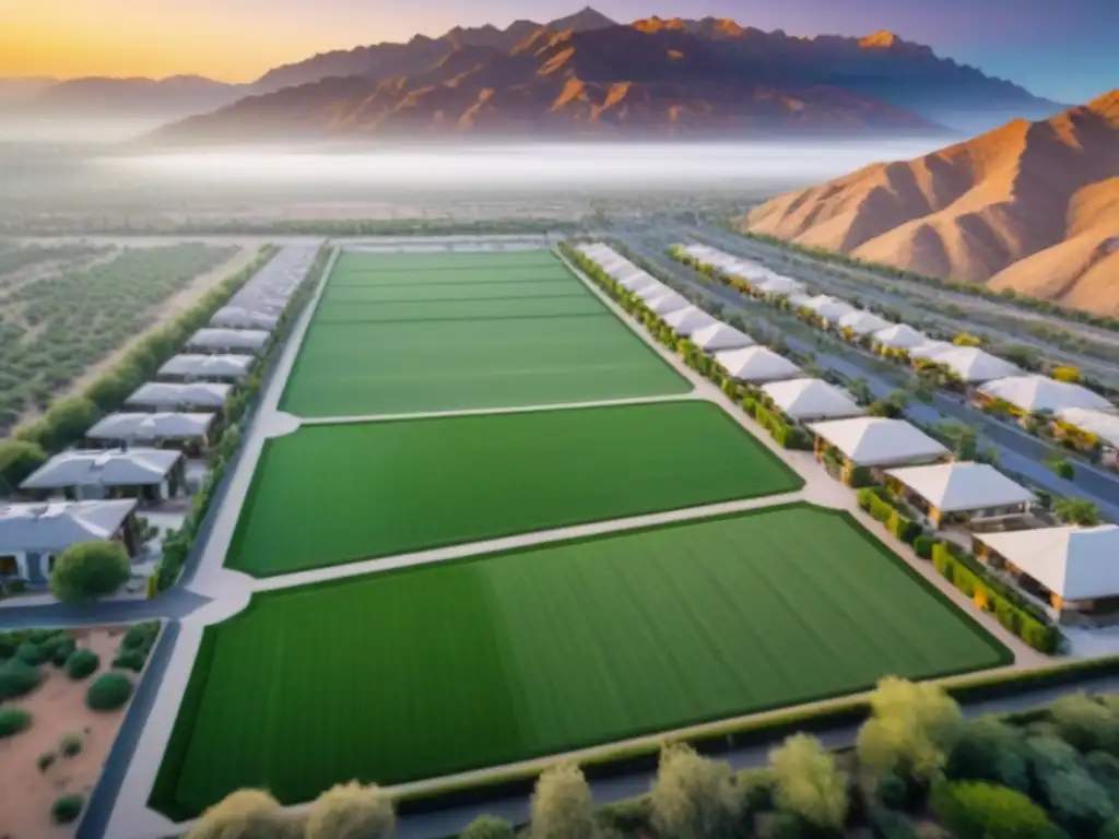 Amanecer vibrante en ciudad fronteriza entre desierto y modernidad Desarrollo inmobiliario en mercados fronterizos: atardecer vibrante en pueblo moderno rodeado de paisaje desértico y montañas iluminadas