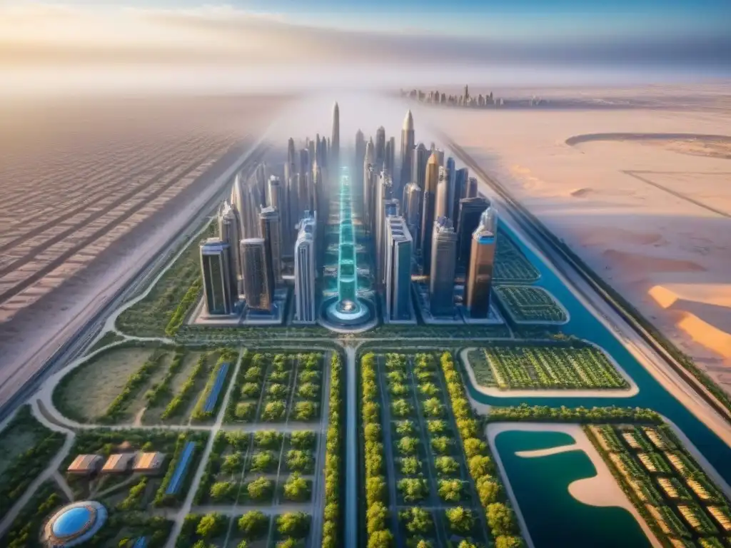 Metrópolis futurista: oasis urbano en desierto Desarrollo inmobiliario en mercados fronterizos: Ciudad futurista emerge de un desierto hacia la modernidad