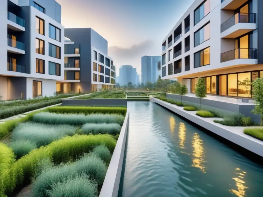 Desarrollo inmobiliario sostenible con tecnologías avanzadas de gestión del agua Desarrollo inmobiliario moderno con gestión del agua, paisajismo verde y tecnologías avanzadas