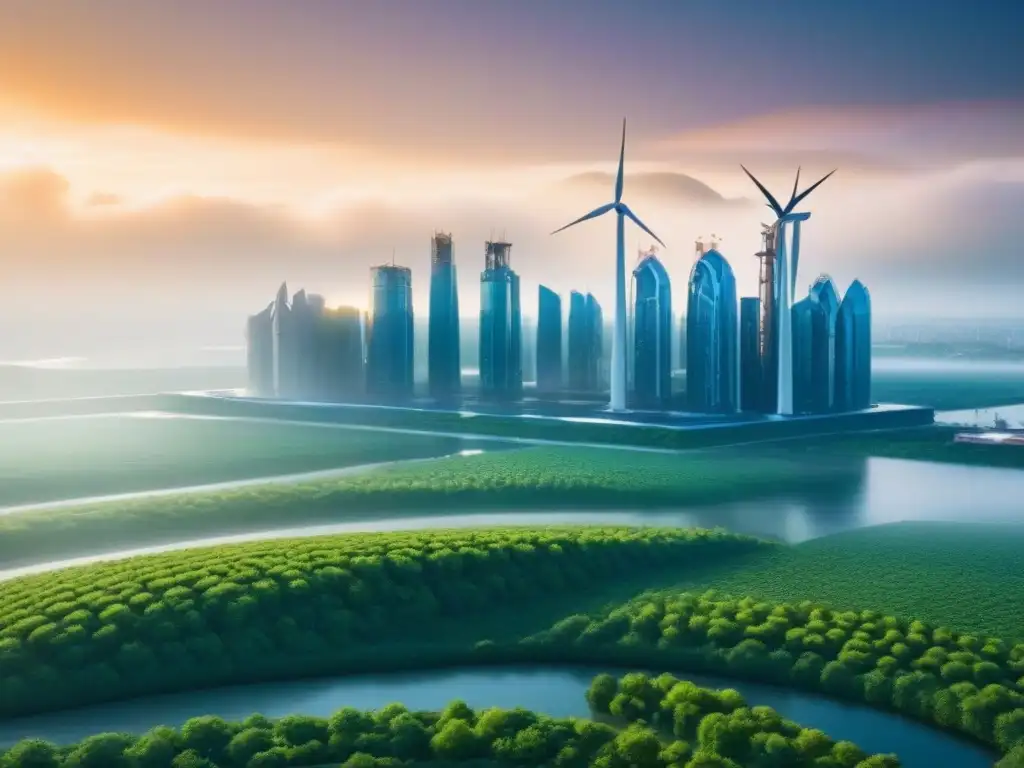 Visiones futuristas: ciudad sostenible y resiliente en 8k Desarrollo inmobiliario resiliente al cambio climático: Futurista ciudad integrada con naturaleza y tecnología sostenible
